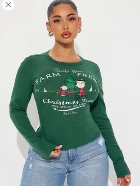 Fashion Nova Charlie Brown & Snoopy Christmas Ribbed Long Sleeve Tee-Various Sz🎄